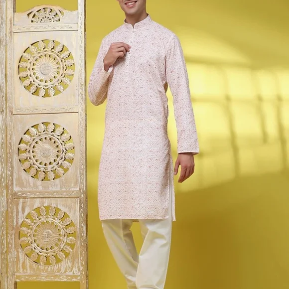 SKAVIJ Men’s Embroidered Sequined Kurta with Pajama 2-Piece Set Size Large - Picture 4 of 15